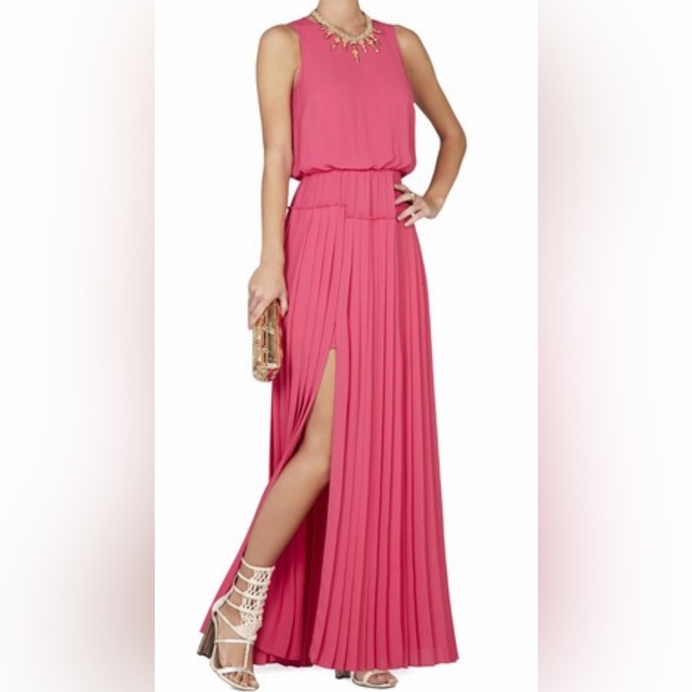 BCBG Jenine High-Slit Pleated Skirt Maxi Dress